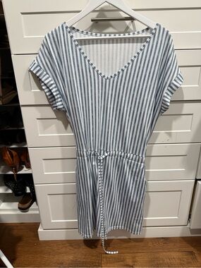Striped V-Neck Tie-Waist Mini Dress in Blue and White